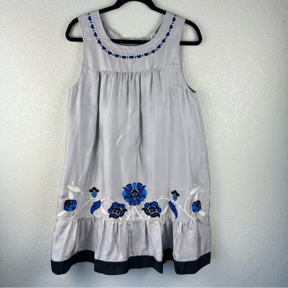 Anthropologie Light Gray Dress with Blue Floral Embroidery